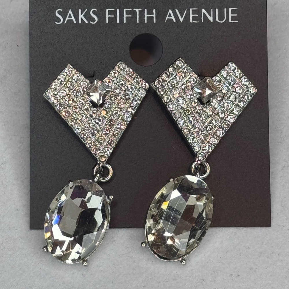Exquisite Saks Fifth Avenue Silver-Tone Crystal Post Earrings 1.75in